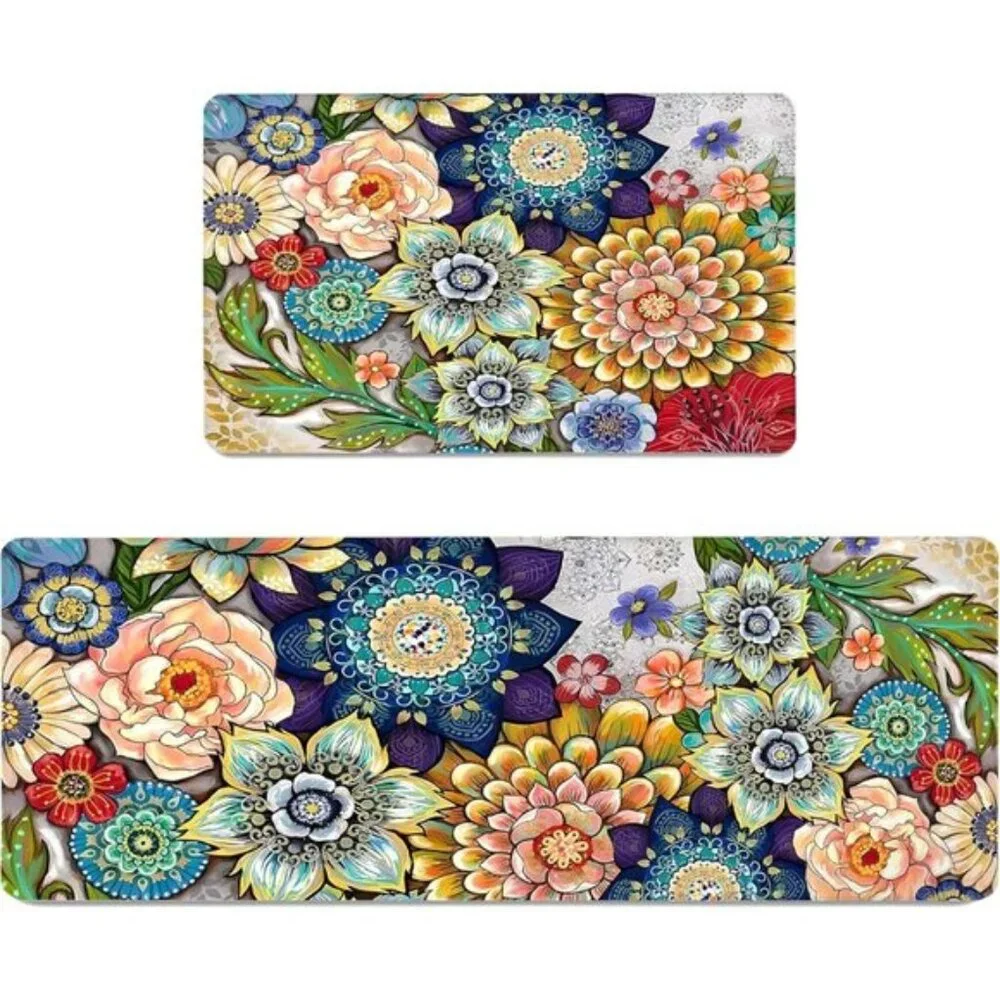 New 2PCS Floral Kitchen Rugs, Non-Slip Cushioned Anti-Fatigue Floor Mats